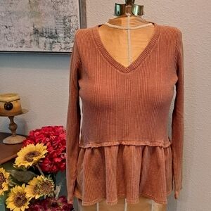 Gilded Intent Women’s Peplum Waffle Knit Top Long Sleeve V Neck Medium Orange